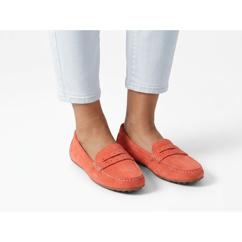 Lands End Womens Suede Penny Loafers Coral Orange Driving Mocs Shoes